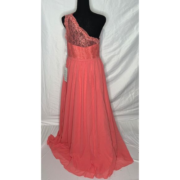 NWT JJs House Watermelon One Shoulder Long Lace Chiffon Bridesmaid‎ Dress US10 - Picture 7 of 14
